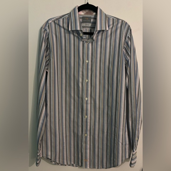 Thomas Dean Mens Med Striped Button down long sleeve plaid accented cuffs cotton - Picture 1 of 9